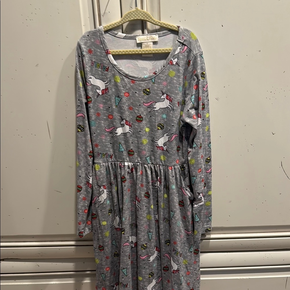 Emma & Elsa Gray Unicorn Christmas Dress Sz 7